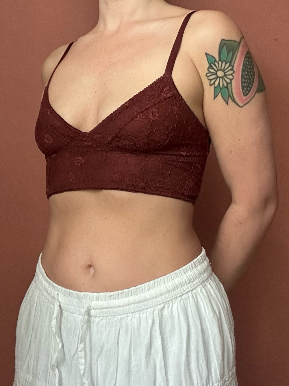 Burgundy lace bralette with adjustable straps